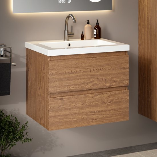 Mirlux Badmöbel Warm Oak 60 cm - Waschbecken Weiß - Badmöbel-Set - Waschbeckenschrank Warm Oak