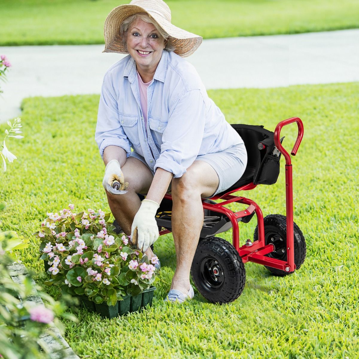 Coast Gartenwagen mit Rollsitz – ausziehbarer Griff – Stauraum – rot