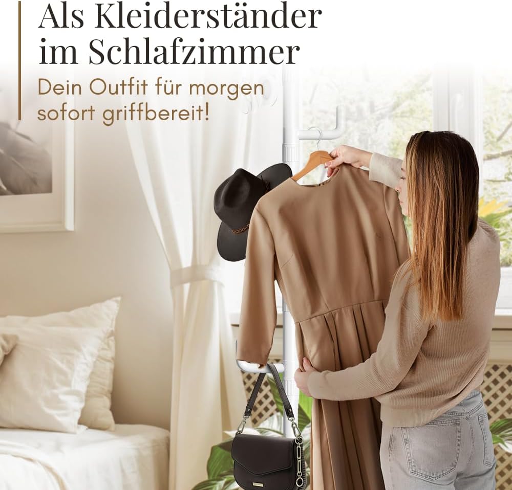 LOBUX® - Garderobenständer ausziehbar, 5 Haken [weiß, 110-310cm] - Teleskop-Garderobenständer stabil - platzsparender Metall-Garderobenständer - Dienerschaftständer Schlafzimmer - Flurgarderobe - Kleiderständer Balkon