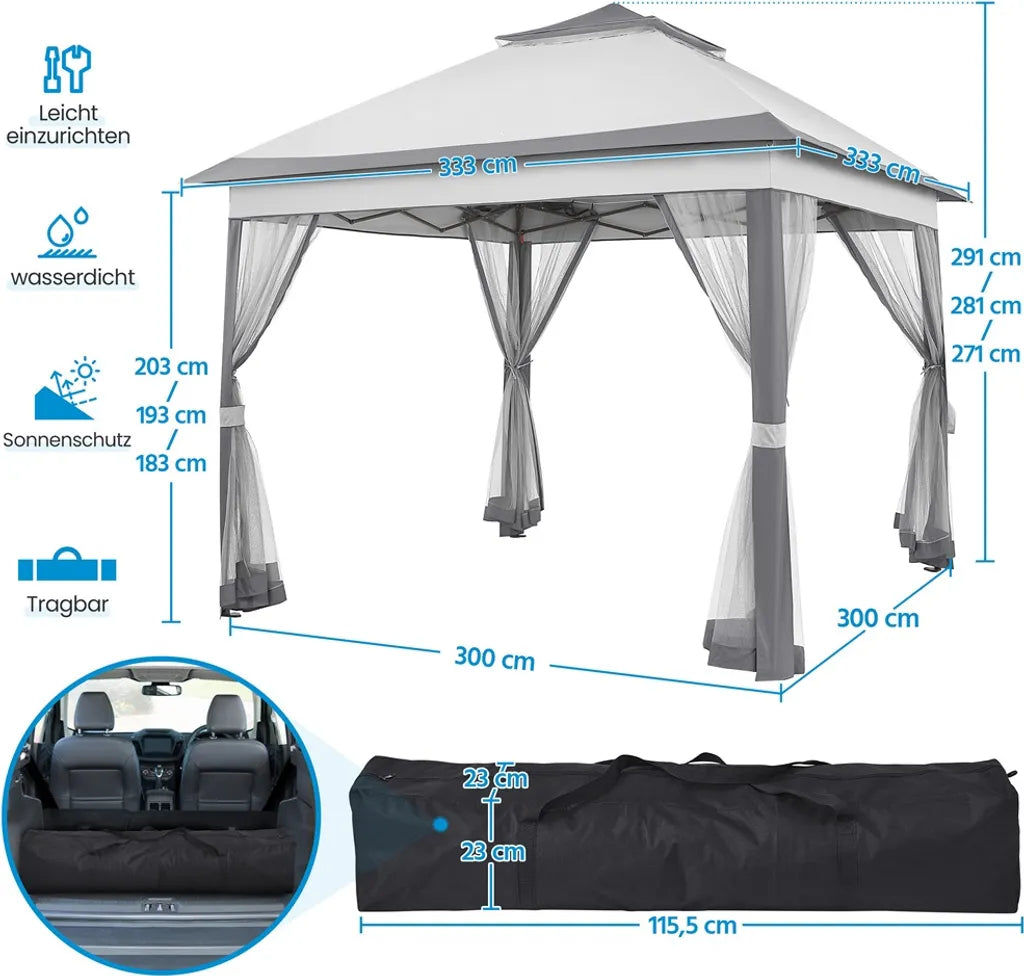 Yaheetech Pop-up-Partyzelt 330 x 330 cm – Hellgrau/Dunkelgrau – Zusammenklappbarer Gartenpavillon mit doppeltem Dach und 4 Seitenwänden aus Netzgewebe