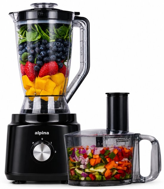 Alpina 3-in-1-Küchenmaschine, Mixer und Smoothie-Maker – Multifunktionale Küchenmaschine – Gemüseschneider – Zerkleinerer – 2 l – BPA-frei – spülmaschinenfest – FP413GS – Schwarz