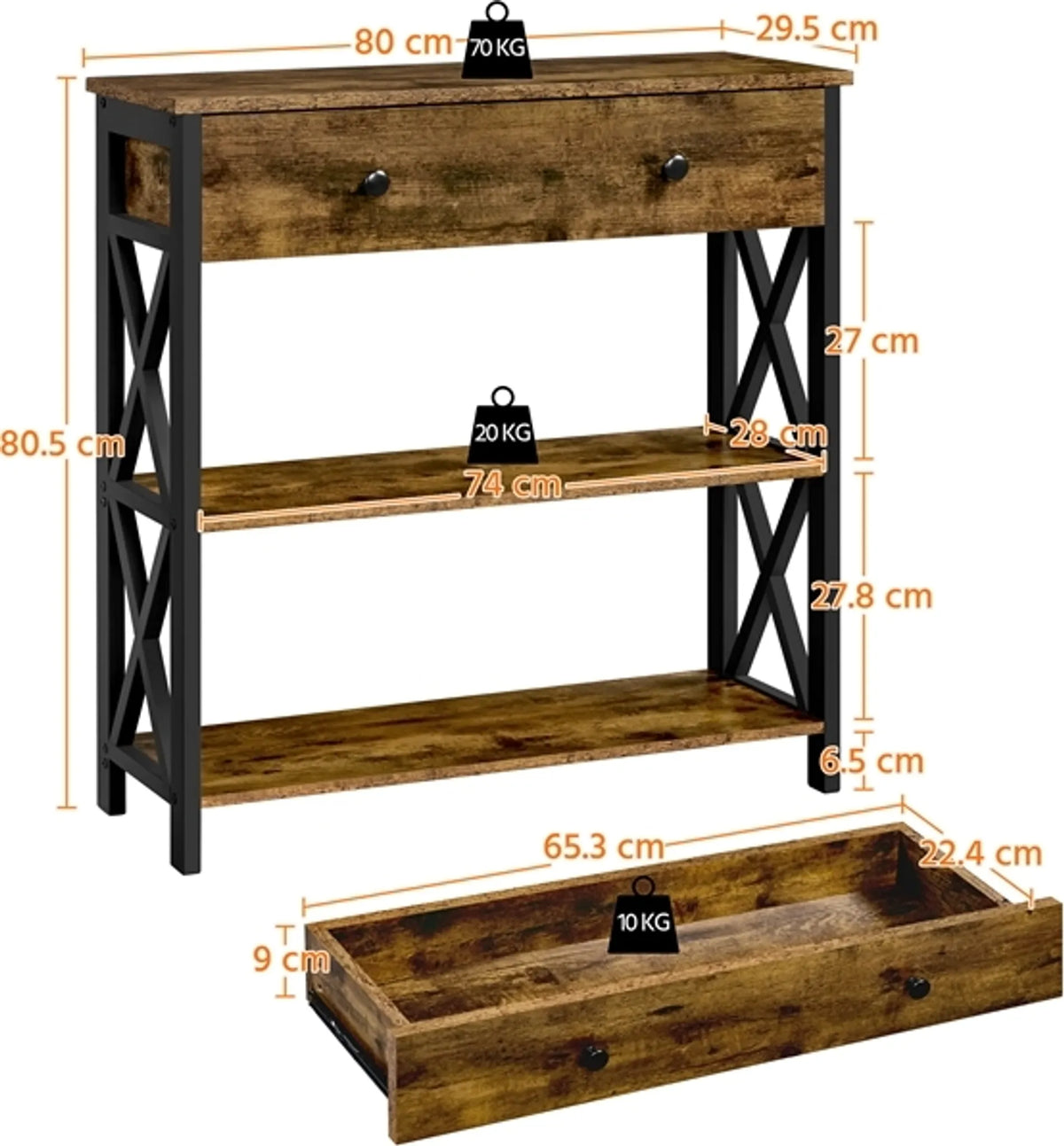 Yaheetech Schmaler Konsolentisch mit Schublade und 2 Ablagen – 80 x 29,5 x 81 cm – Rostbraun