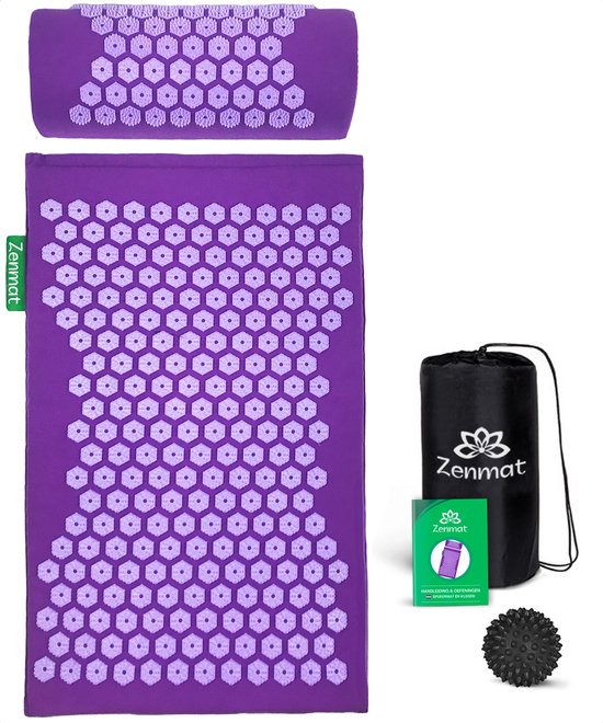 Zenmat Nagelmatte mit Kissen - Akupressurmatte inkl. Triggerpunkt-Massageball und Tragetasche - Shakti Massage - 66x40 cm - Lila