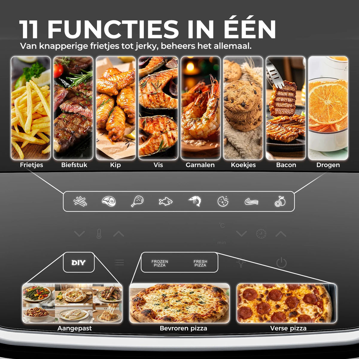 Rouny 12-Zoll-Pizzaofen und Heißluftfritteuse 2200 W – 11-in-1 – Doppelheizung – 360° Heißluft – 4,3 l – Schwarz