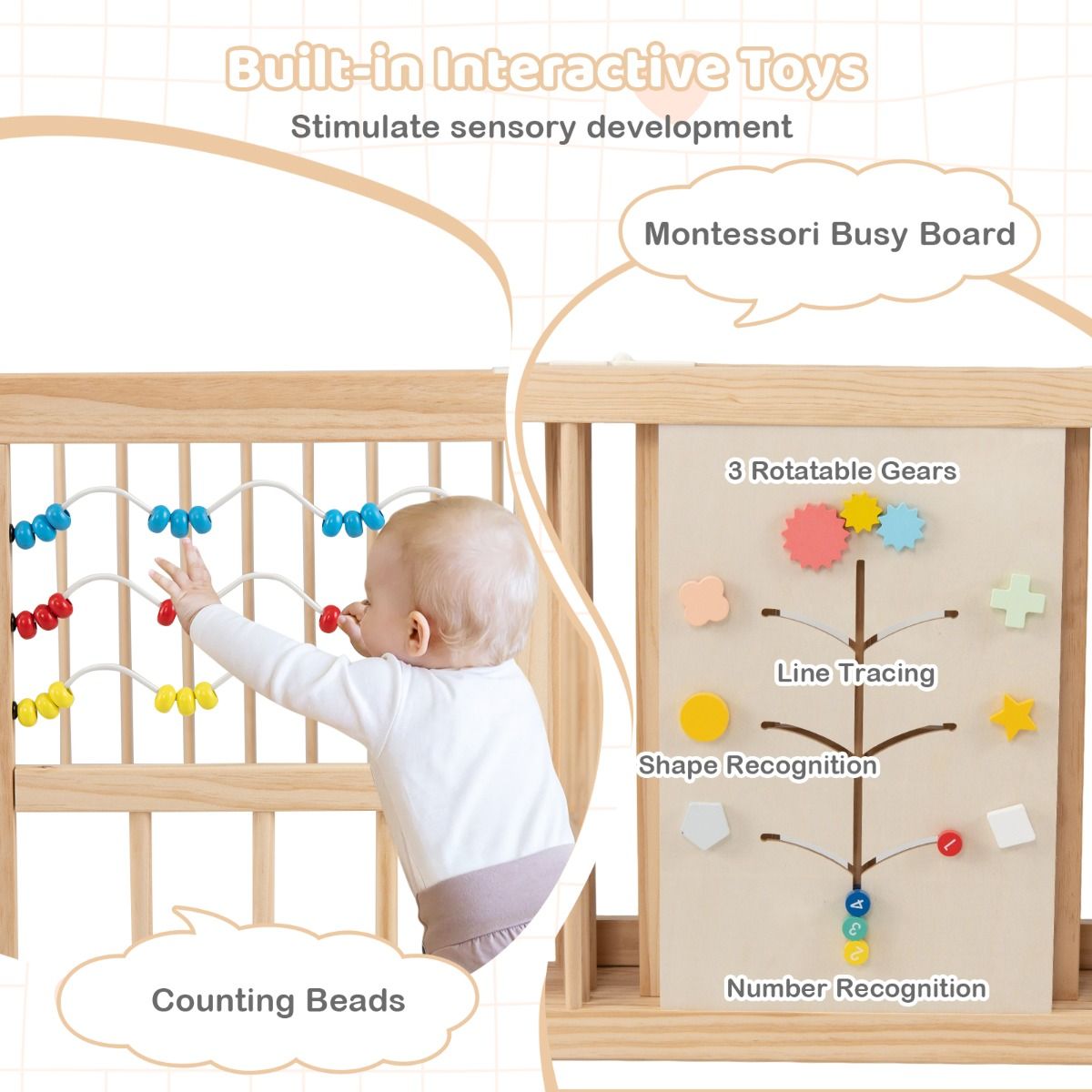 Coast Holz-Spielbox für Kleinkinder – Abschließbare Doppeltür – Verstellbarer Spielzaun – Naturfarben