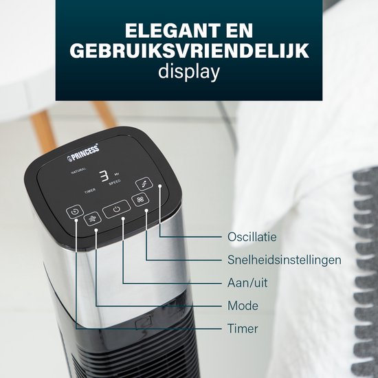 Intelligenter Turmventilator – ohne Flügel – mit App und Fernbedienung – Timer – energieeffizient – Princess 358280 – Schwarz