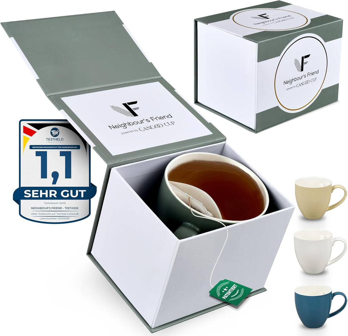 Neighbour's Friend Patentierte Teetasse grau Geschenk Box I Keramik Tasse groß 325ml I Teebecher Steingut I Keramiktasse für Tee I Spülmaschinengeeignete Teetassen I Modernes Design für Teetrinker