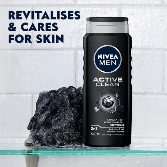 NIVEA MEN Active Clean Duschgel - 3-in-1 Duschgel mit natürlicher Aktivkohle - Shampoo - Fertigpackung - 6 x 500 ml