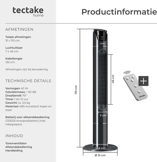 tectake® Großer Ventilator mit Fernbedienung – 110 cm – Schwenkbarer Ventilator mit 3 Geschwindigkeitsstufen – Turmventilator – Leiser Standventilator mit verschiedenen Windmodi + Timer – Luftkühler – Schwarz
