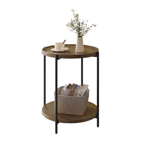 Woltu Runder Couchtisch mit 2 Ablagen und abnehmbarem Tablett Vintage Holzoptik