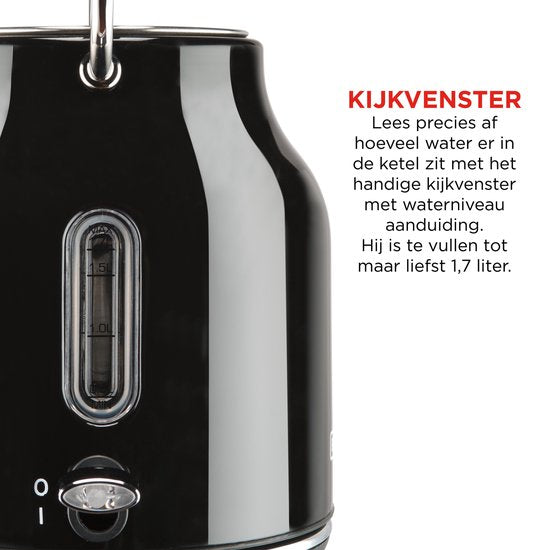 Bourgini Nostalgischer Wasserkocher Deluxe - Schwarz - Retro Design - 1.7L