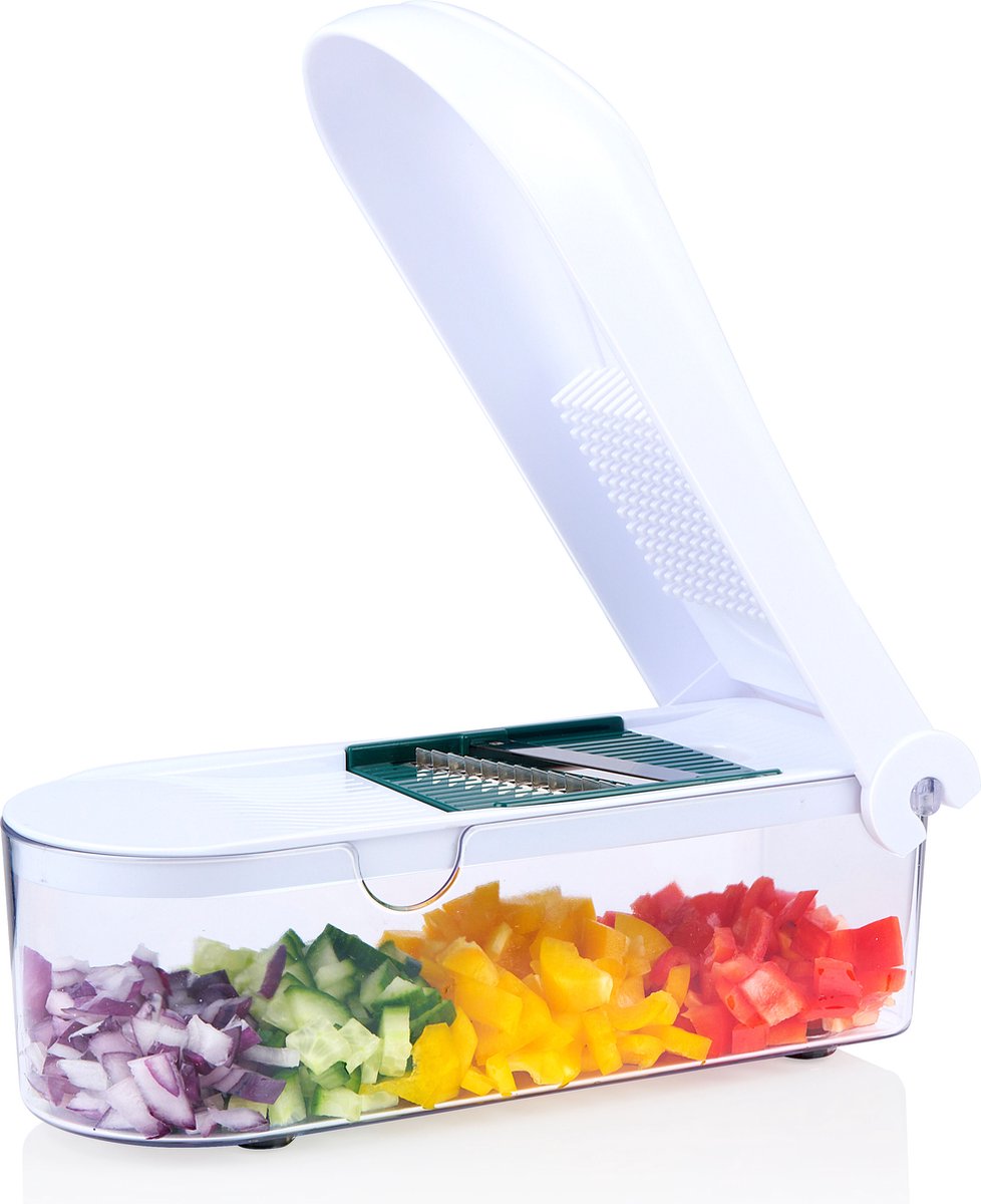 alpina Mandoline Gemüseschneider 9-teilig - Manueller Küchenschneider mit 6 Klingen - Weiß/Transparent - 30 x 12 x 8 cm