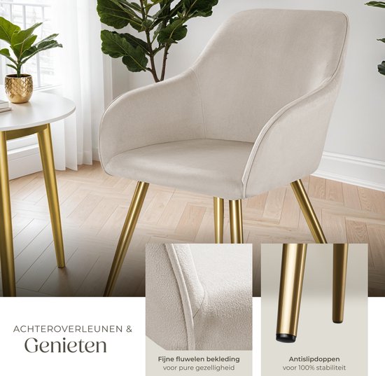 tectake® Marilyn Esszimmerstuhl - Mit Armlehnen - Eleganter Stuhl mit gepolstertem Samtsitz - Gepolstert - Goldene Metallbeine - Ergonomischer Küchenstuhl - Stuhl für Wohnzimmer, Esszimmer und Schlafzimmer - Taupe