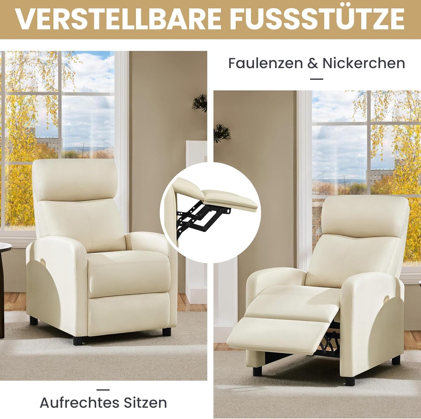 Yaheetech Relaxsessel XL – Verstellbarer Liegesessel mit Fußstütze – Kunstleder, beige – 87 x 61,5 x 99 cm