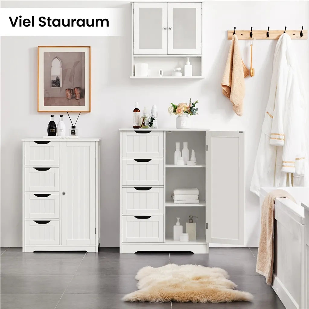 Yaheetech Badezimmerschrank mit 4 Schubladen und verstellbaren Einlegeböden – Weiß – 66 x 35 x 90 cm