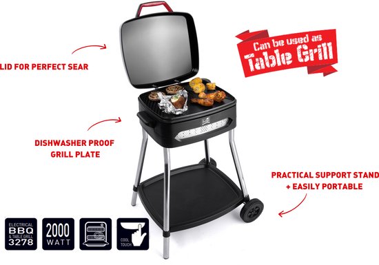 FRITEL Grill BBQ 3278 – Elektrischer Grill / Tischgrill – Große Grillfläche: 40 x 36 cm – 2000 W – Abnehmbare Grillplatte + Untergestell