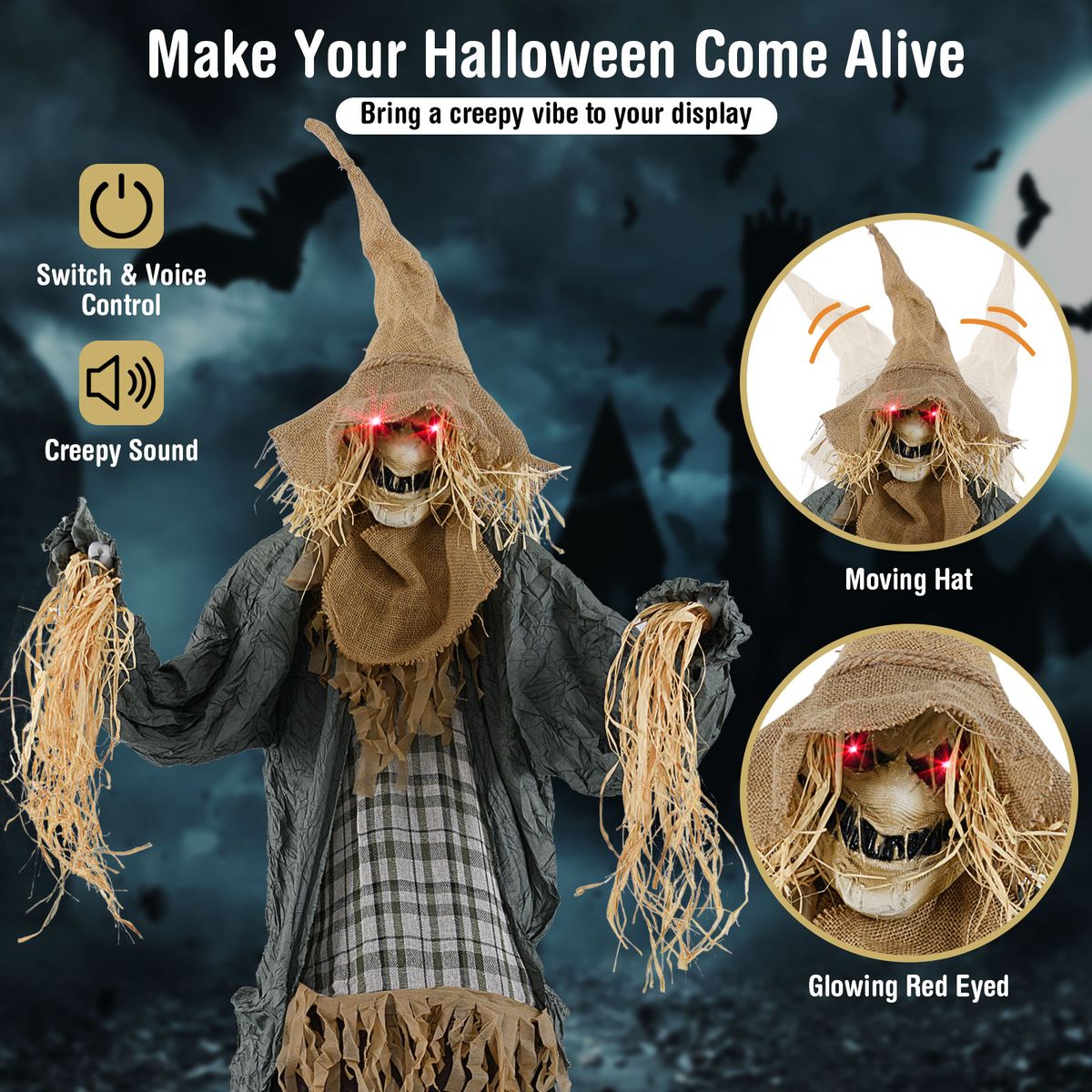 Coast Halloween-Vogelscheuche – animiert – geräuschgesteuert – leuchtende Augen – 213 cm