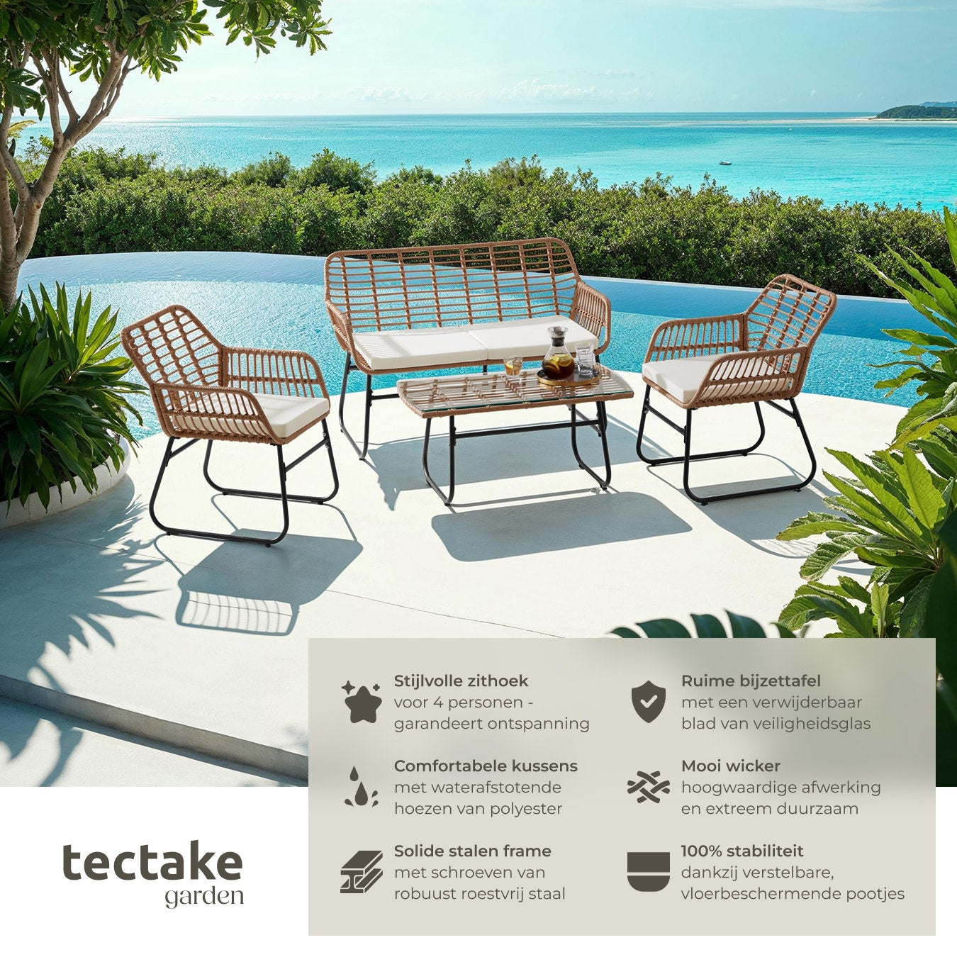 tectake Geflecht-Sitzgruppe Molfetta XL 4 Personen - Sofa 119x68x79 cm, Stühle 57x68x79 cm, Tisch 91x45x42,5 cm