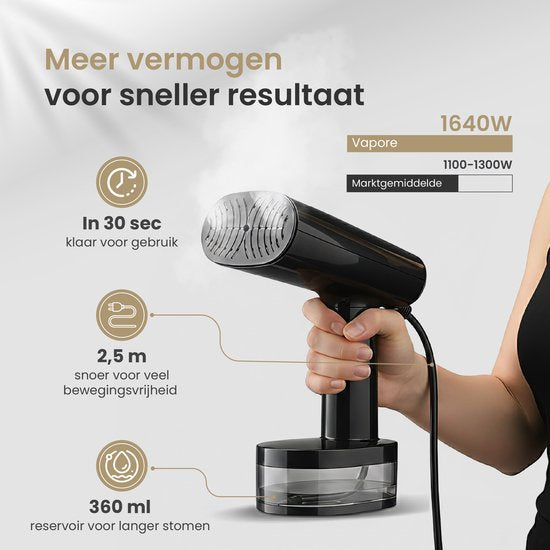 Vapore Clothes Steamer - Handheld Steamer 1640W - mit faltbarem Bügel & Aufbewahrungstasche - Steamer 360ML - Steamer für Kleidung und Möbel - 2.5m Kabel - Travel Kit