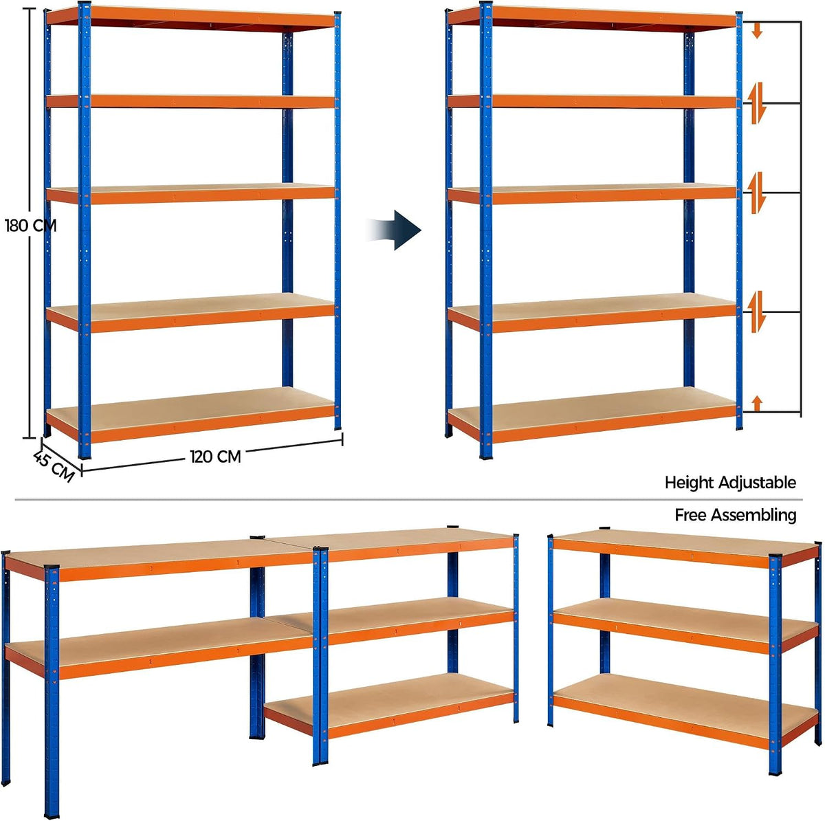 Yaheetech Regalsystem, robustes Aufbewahrungsregal, 180 x 120 x 45 cm – 875 kg Tragkraft – Orange/Blau