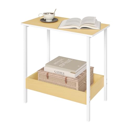 Woltu Beistelltisch BTS03nh - Couchtisch mit 2 Ablagen - Schwarzes Metall und Holzoptik - 50 x 55 x 25 cm