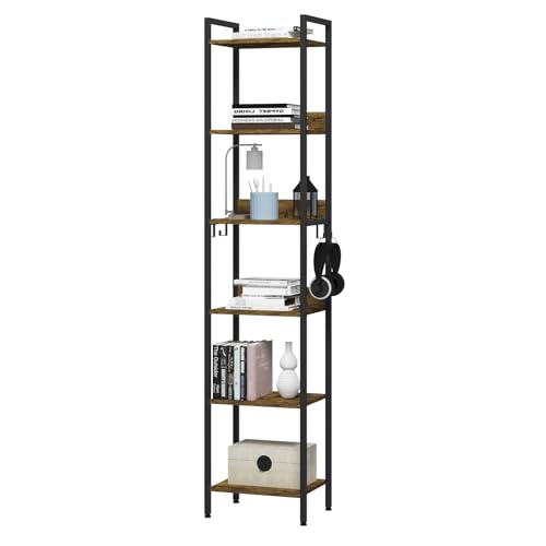Woltu Industrielles Bücherregal 6 Fachböden mit 4 herausnehmbaren Haken - Schwarzes Metall und dunkle Eiche - 40 x 30 x 187 cm