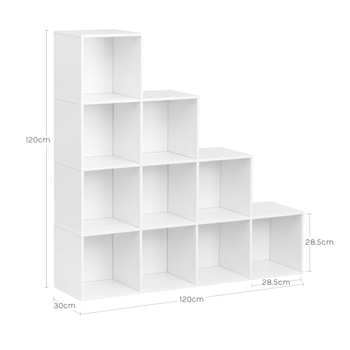 Woltu Bücherregal Stufenregal mit 10 Fächern Weiß 120 x 30 x 120 cm