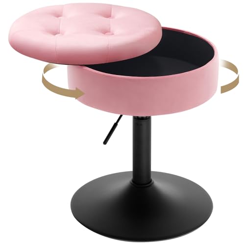 Woltu Make-up-Hocker mit Ablage - Verstellbarer Barhocker 50-66,5 cm - Runder Sitz - Samtrosa