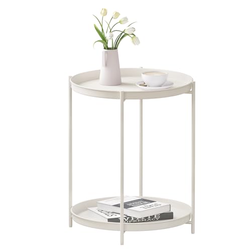 Woltu Runder Beistelltisch mit 2 herausnehmbaren Ablagen - Metall, Creme - Ø44 cm, Höhe 57 cm
