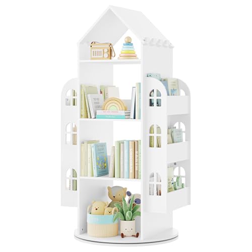 Woltu Kinderbuchregal Weiß 4-stöckig mit 2 Seitenregalen Hausform 63 x 59 x 125 cm
