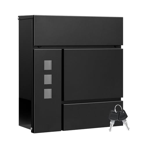 Woltu Briefkasten mit Zeitungsfach - Modernes Schwarz - 37 x 37 x 10,5 cm