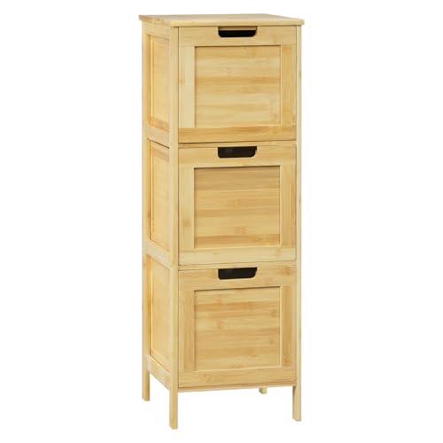 Eugad Schmaler Badezimmerschrank mit 3 Auszügen - Bambus Natur - 30 x 90 x 30 cm