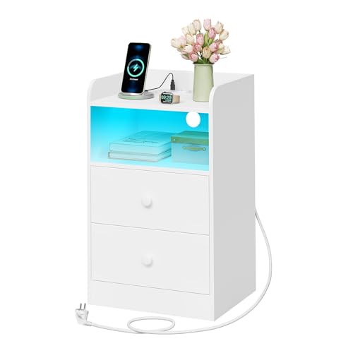 Woltu Nachttisch mit LED-Beleuchtung und Steckdose Weiß 40 x 35 x 64 cm