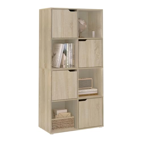 Woltu Bücherregal SK039hei - Lagerschrank mit 8 Fächern und 4 Türen - Spanplatte Eiche hell - 60x30x120 cm