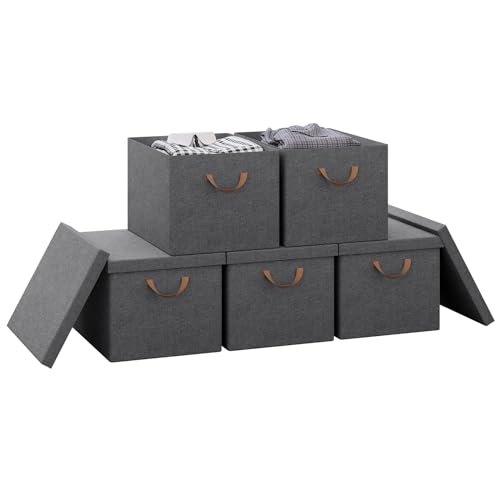 Woltu Faltbare Aufbewahrungsbox mit Deckel und Griffen, grau, 48 x 30 x 36 cm – 5er-Set