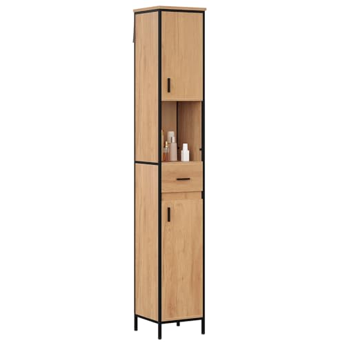 Eugad Narrow Tall Bathroom Cabinet mit Schublade und offenem Fach - Helle Eiche/Schwarz - 30 x 180 x 30 cm