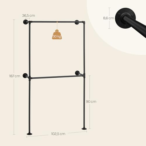 Woltu Offener Wandschrank Industrial Schwarz - Wandgarderobe mit 2 Stangen 102,5 x 187 x 36,5 cm