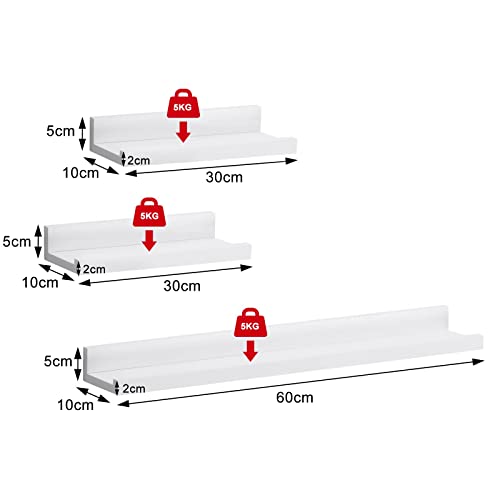Woltu 3er-Set schwebende Wandregale - MDF Weiß - 60 x 15 x 10 cm