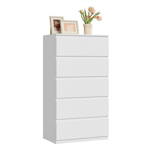 Woltu Kommode mit 5 Schubladen Weiß - Geräumiger Aufbewahrungsschrank für Wohnzimmer und Schlafzimmer 60 x 37 x 110 cm
