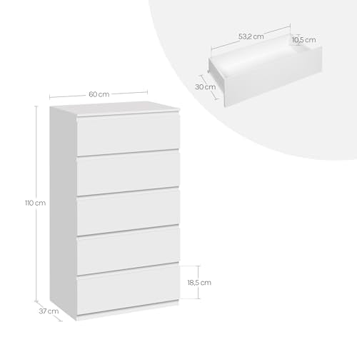 Woltu Kommode mit 5 Schubladen Weiß - Geräumiger Aufbewahrungsschrank für Wohnzimmer und Schlafzimmer 60 x 37 x 110 cm