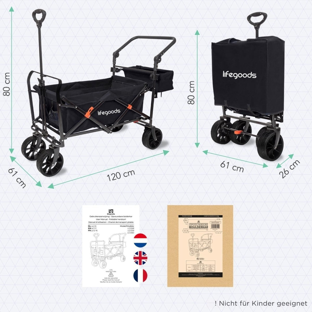 LifeGoods Wagen - Faltbar - Bis zu 120KG - 90L - Baschbares Polyester - 120x80cm - Schwarz