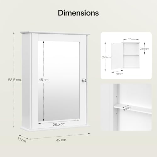 eSituro Toilettenkabinett mit Spiegeltür und verstellbarem Einlegeboden Weiß 42 x 58,5 x 12 cm