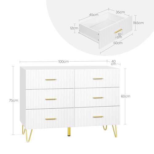 Woltu Kommode mit 6 Schubladen Weiß mit goldenen Metallfüßen 100 x 40 x 75 cm