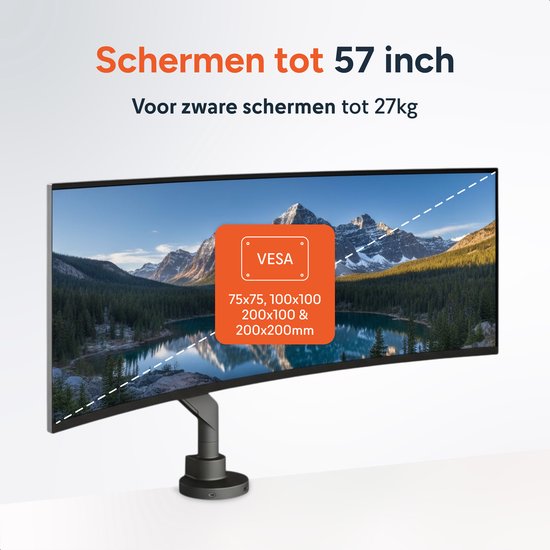 Skoov Monitorarm mit Gasfeder - Für 13 bis 57 Zoll - 27KG Tragfähigkeit - Breitbildschirm - Halterung für 1 Bildschirm - Monitor - Ständer - Halterung - Extra stabil - Schwarz
