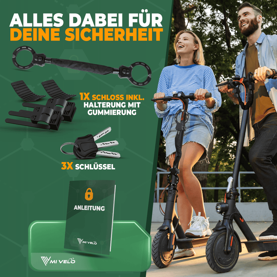 Robustes E-Scooter- und Fahrradschloss mit 14-mm-Kette aus Hartstahl – 60 cm – Handschuhschloss – inklusive Halterung und 3 Schlüsseln
