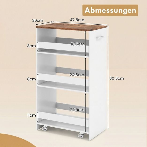 Coast Schmaler Küchenwagen – 4-stöckiges Regal mit Griff, 47,5 x 30 x 80,5 cm – Weiß