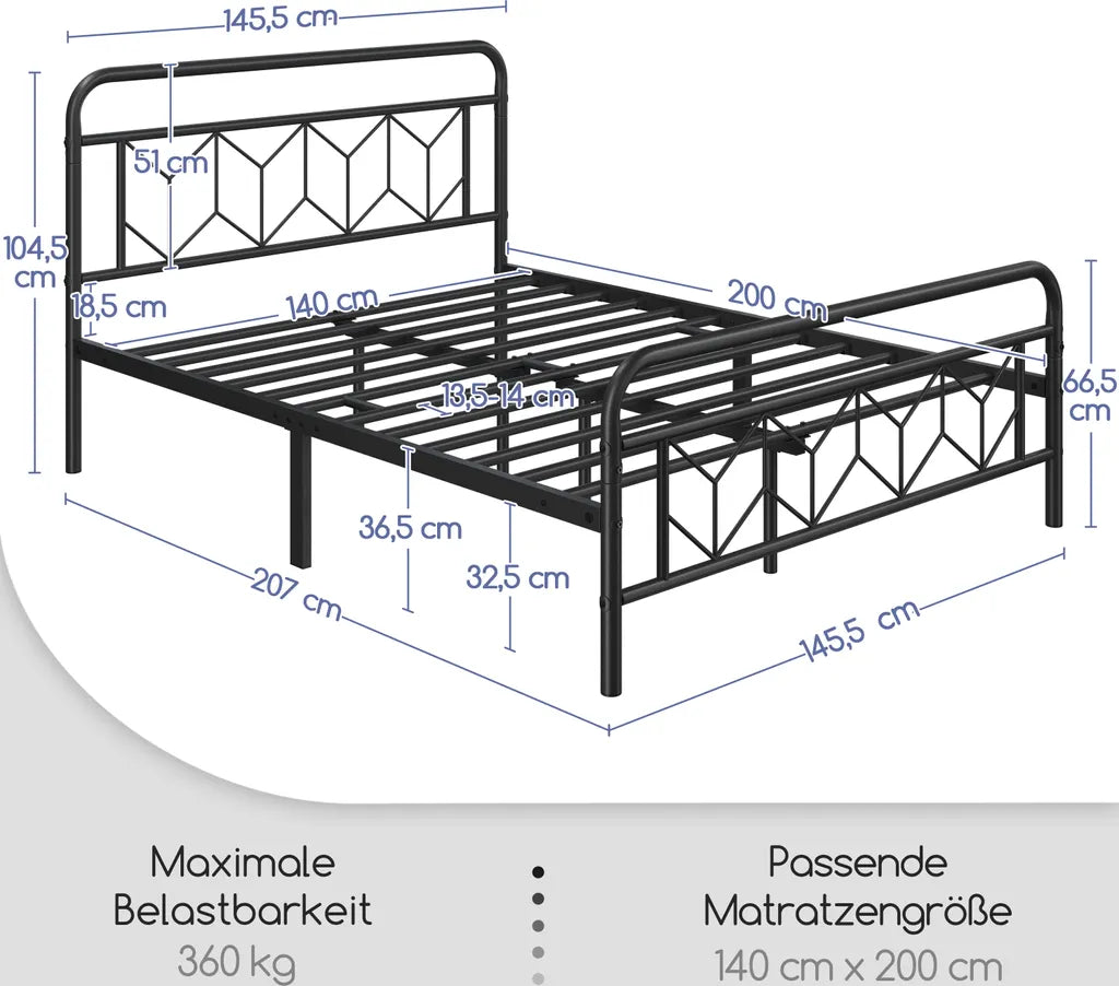 Yaheetech Metallbettgestell im Vintage-Stil mit Stauraum, 140 x 200 cm, schwarz