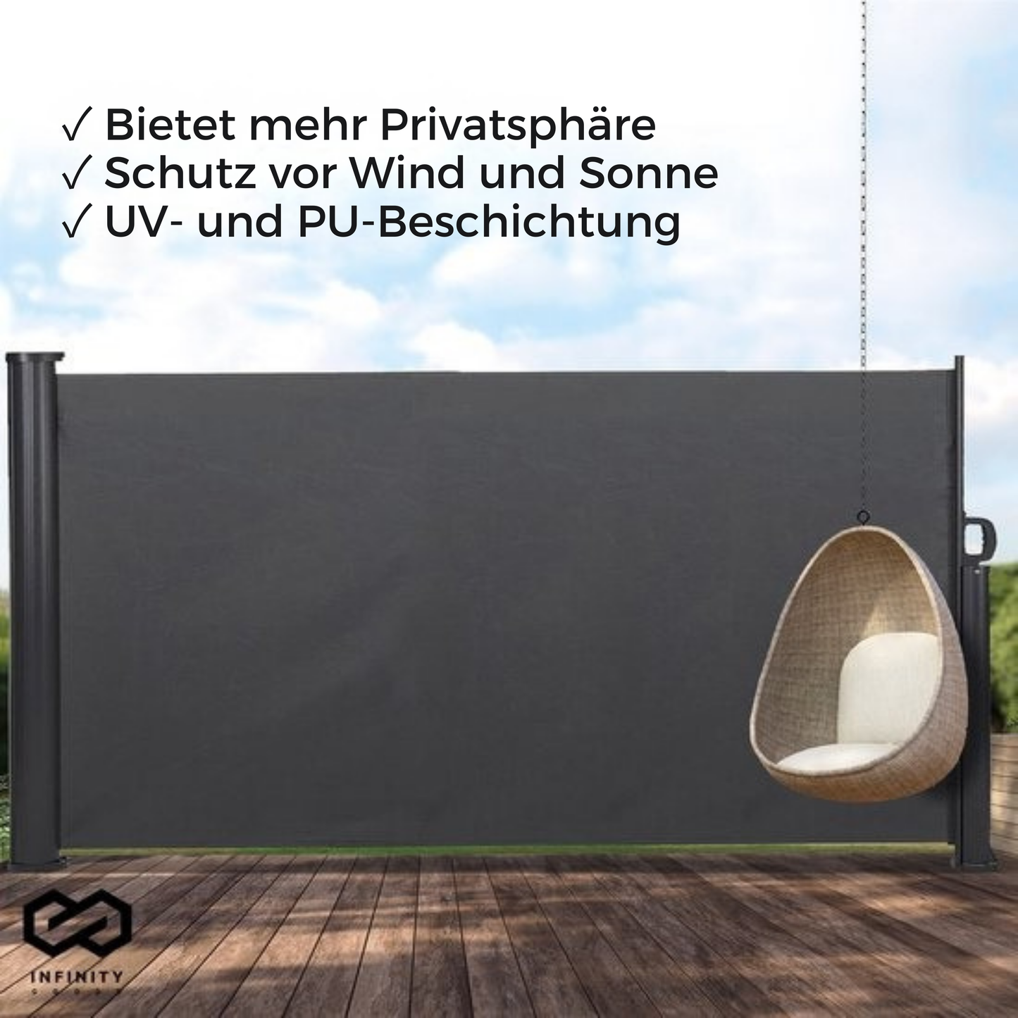 Infinity Goods Ausziehbarer Windschutz - 300 x 140 cm - Sonnenschutz - Garten, Strand, Terrasse, Balkon, Camping - Wetterfest - Anthrazit