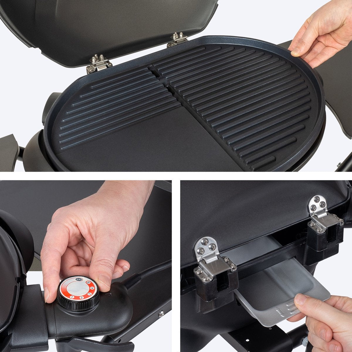KitchenBrothers Elektrogrill - mit Rädern - klappbar - Antihaftbeschichtung - 46,5 x 33,8cm - bis zu 250Â°C - 2400W - Schwarz