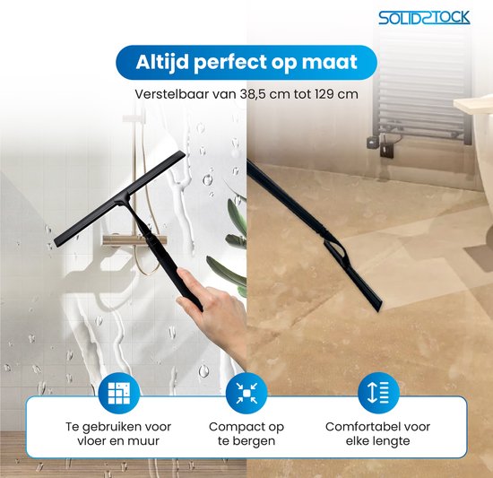 SolidStock Luxus-Bodenwischer aus Edelstahl – Bodenwischer mit Stiel – Längenverstellbar von 38,5 bis 129 cm – Wischer für Dusche und Badezimmerboden – Ausziehbarer Duschwischer – Schwarz